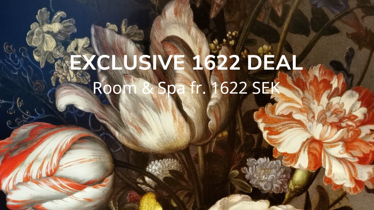 Bild med text Exclusive 1622 Deal - Room & Spa fr. 1622 SEK, bakgrunden visar vackert målade blommor i vitt och orange