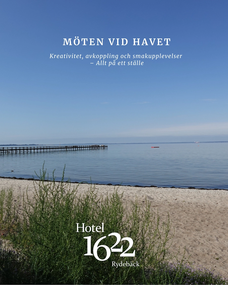 Text: Möten vid havet - Bilden visar lugnt hav, brygga, strand med grön växt i förgrunden
