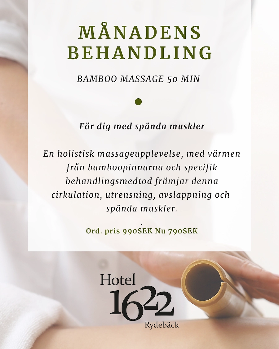 vitklädd massör masserar med bambupinne, text beskrivande månadens behandling som är bamboo massage 50 minuter