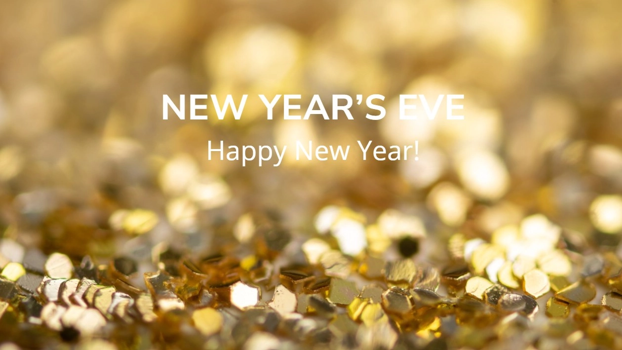 guldpaljetter med text New Year`s Eve - Happy New Year!
